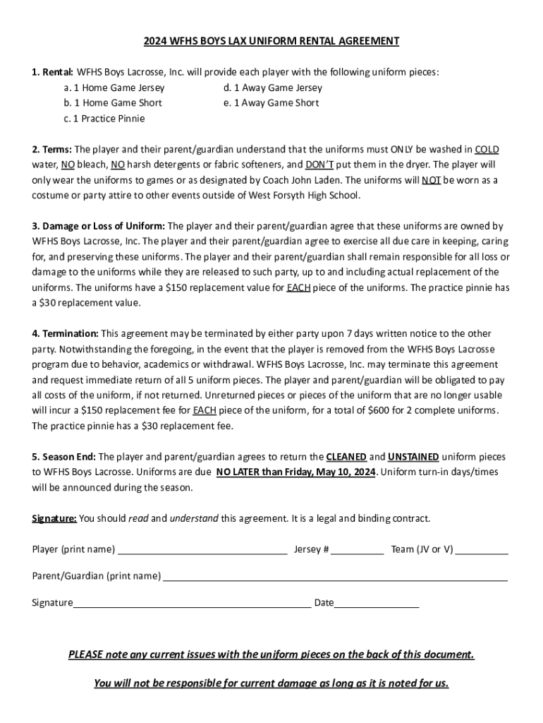 Fillable Online 2024 wfhs boys lax uniform rental agreement Fax Email