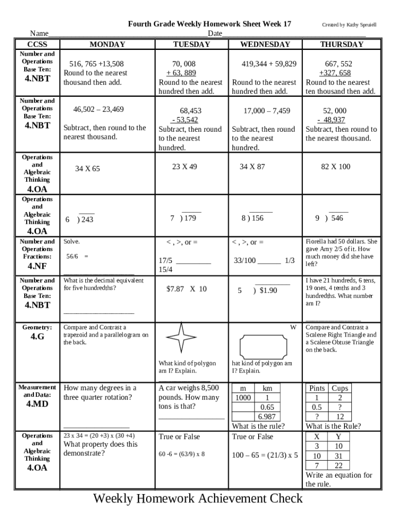 weekly homework sheet 4th grade