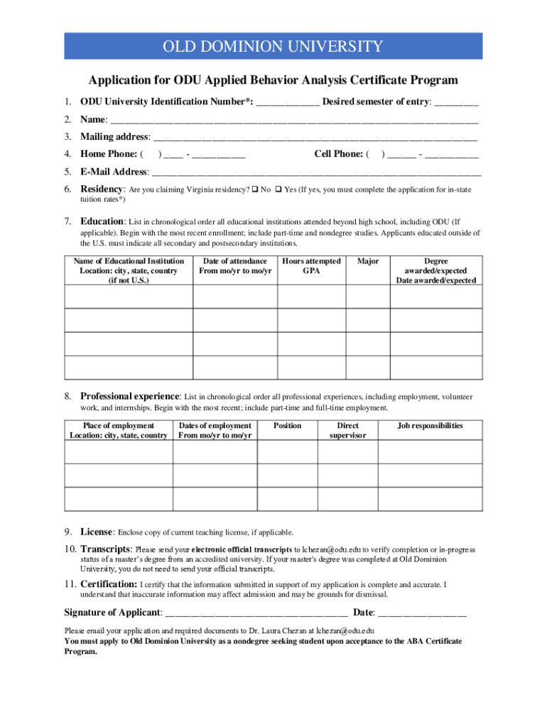 Fillable Online Application for ODU Applied Behavior Analysis Certificate Fax Email Print