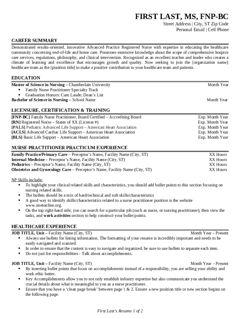 FNP Sample Resume doc FIRST LAST MS FNP BC Doc Template pdfFiller FNP Sample Resume doc FIRST LAST MS FNP BC Doc Template pdfFiller