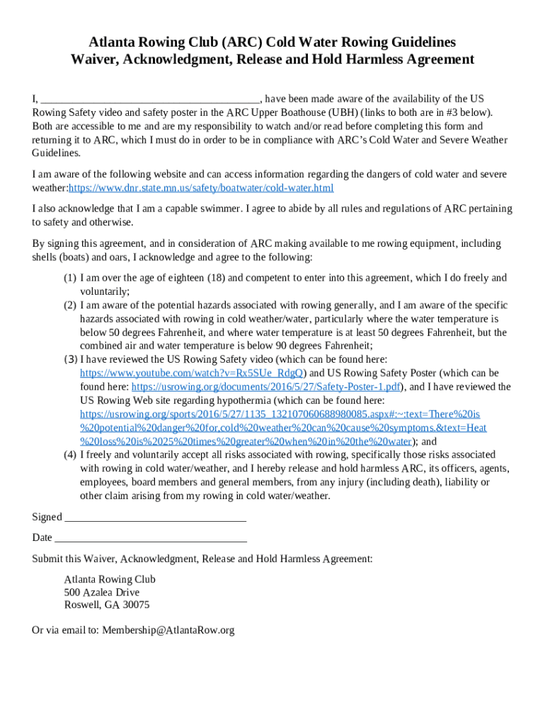 Atlanta Rowing Club (ARC) Cold Water Doc Template pdfFiller