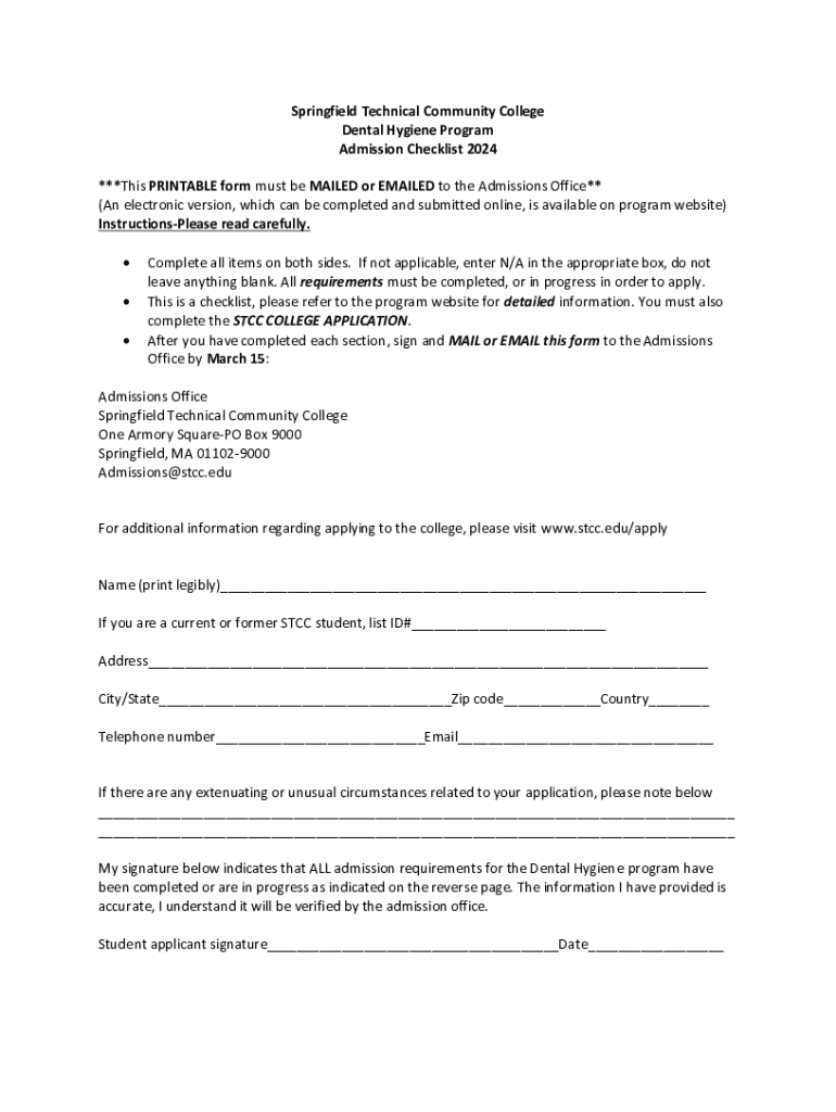 Fillable Online Dental Hygiene Program Admission Checklist 2024 Fax
