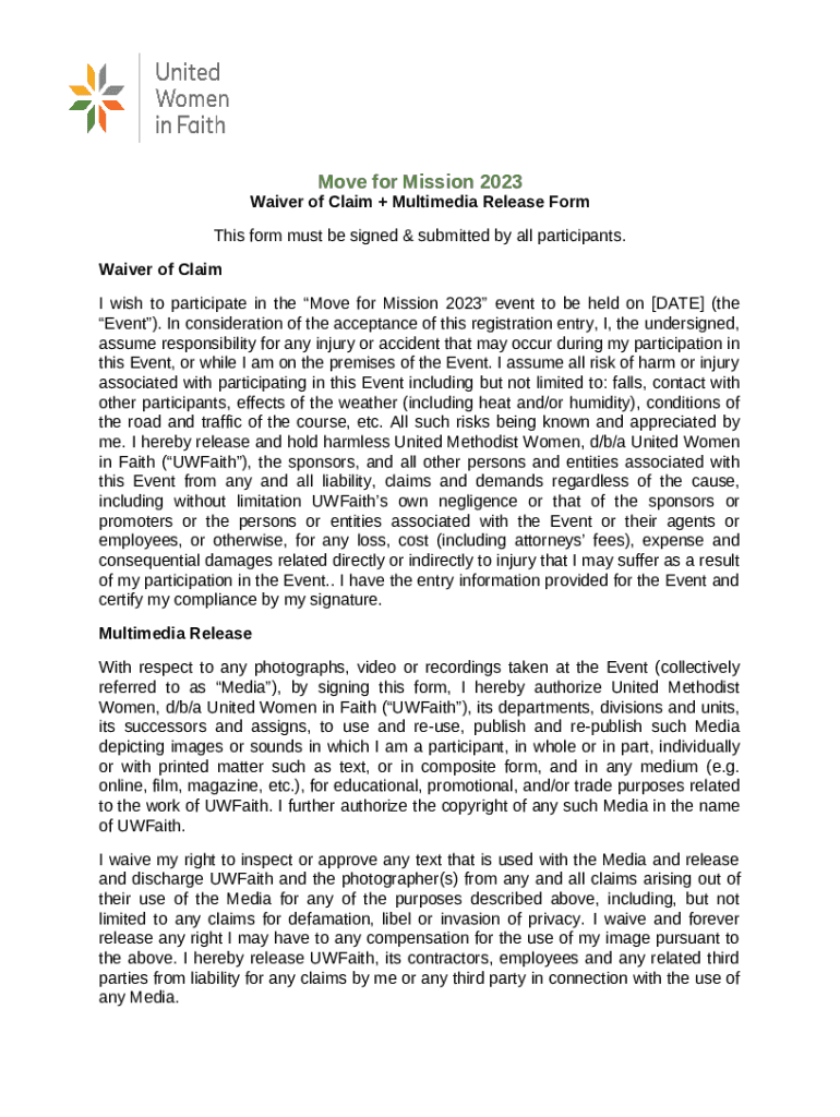 Move for Mission Waiver and Multimedia Release Doc Template | pdfFiller