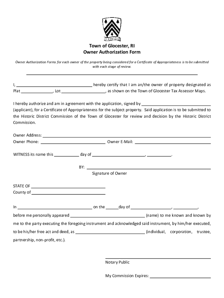 Fillable Online Town of Glocester, RI Owner Authorization Form Fax