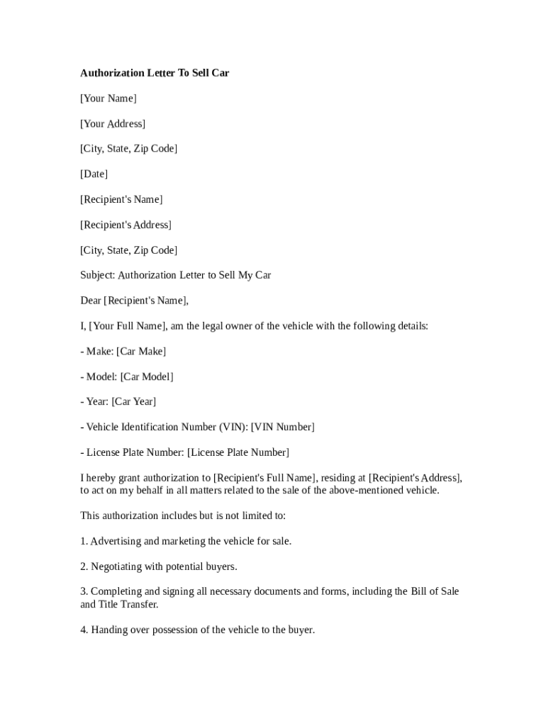 Authorization Letter To Sell a Car on Someone Behalf Doc Template