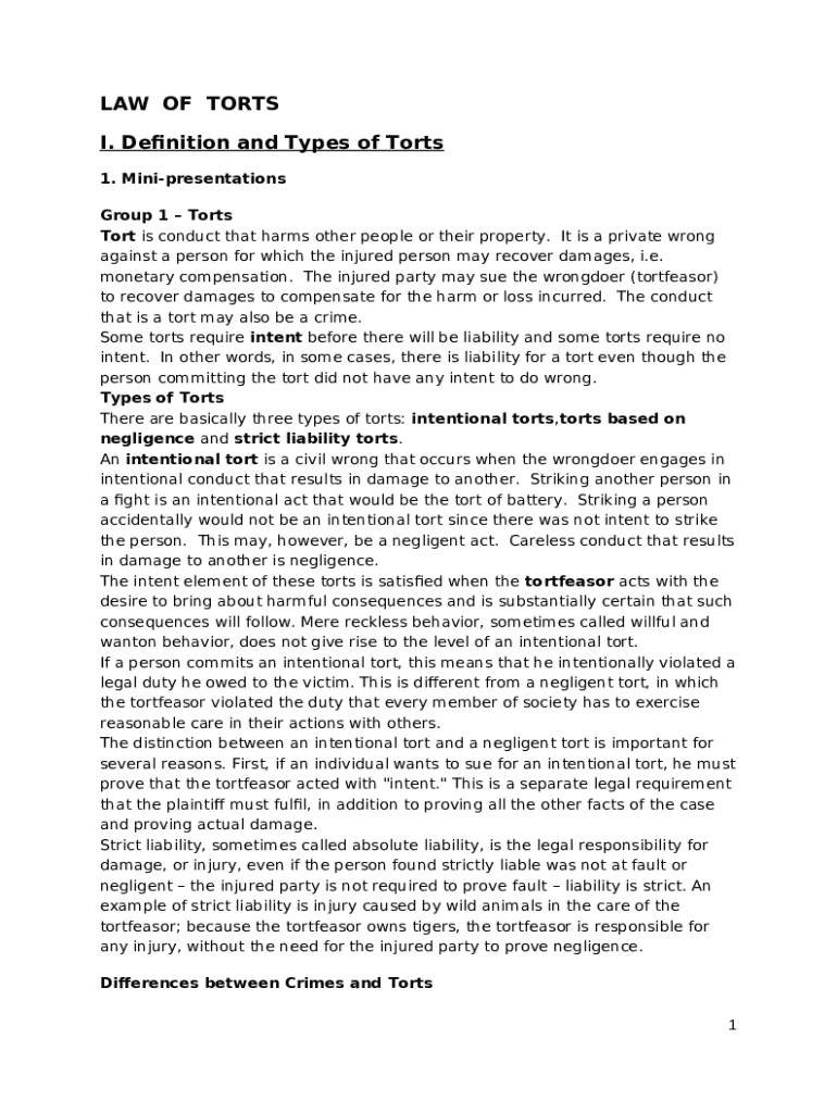 LAW OF TORTS I. Definition and Types of Torts - is muni Doc Template ...