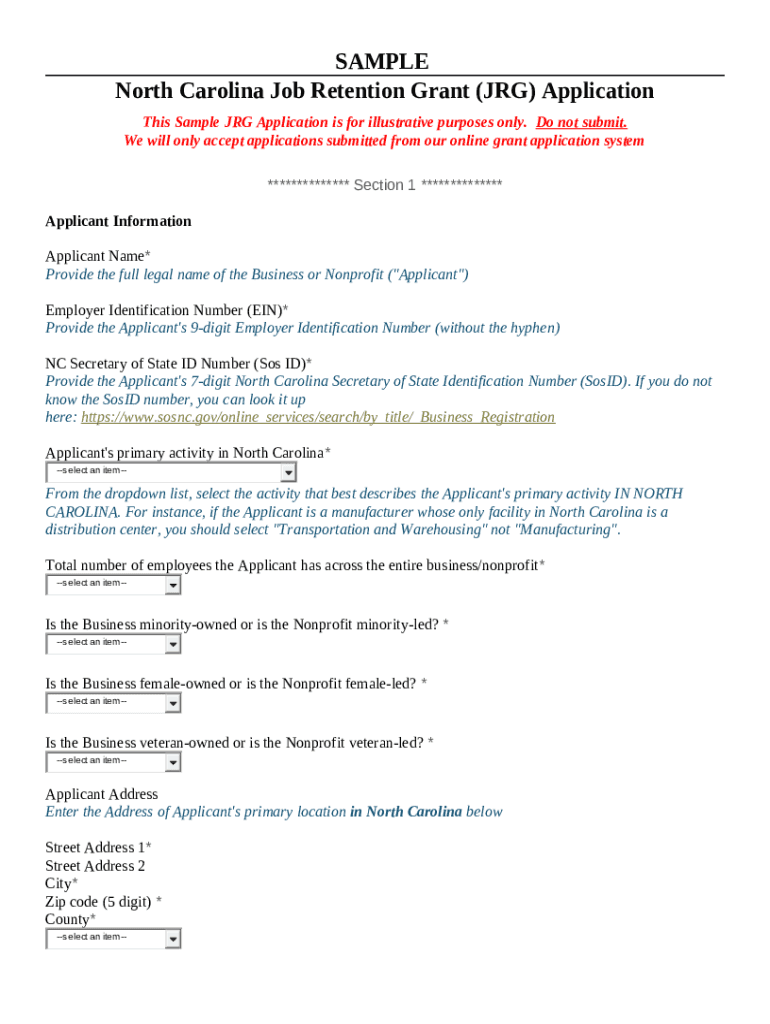 SAMPLE Top of North Carolina Job Retention Grant ( Doc Template pdfFiller