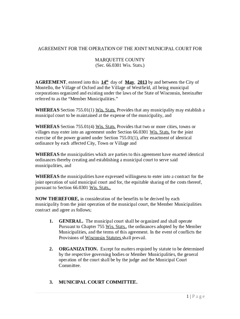 AGREEMENT FOR THE OPERATION OF THE JOINT MUNICIPAL COURT FOR Doc