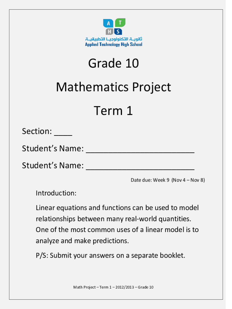 Fillable Online Grade 10 Mathematics Project Term 1 Fax Email Print