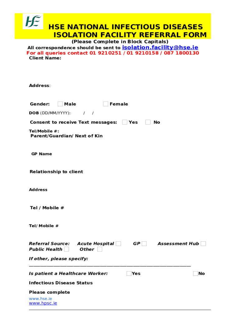 Revised HSE Isolation Facility Referral Doc Template pdfFiller