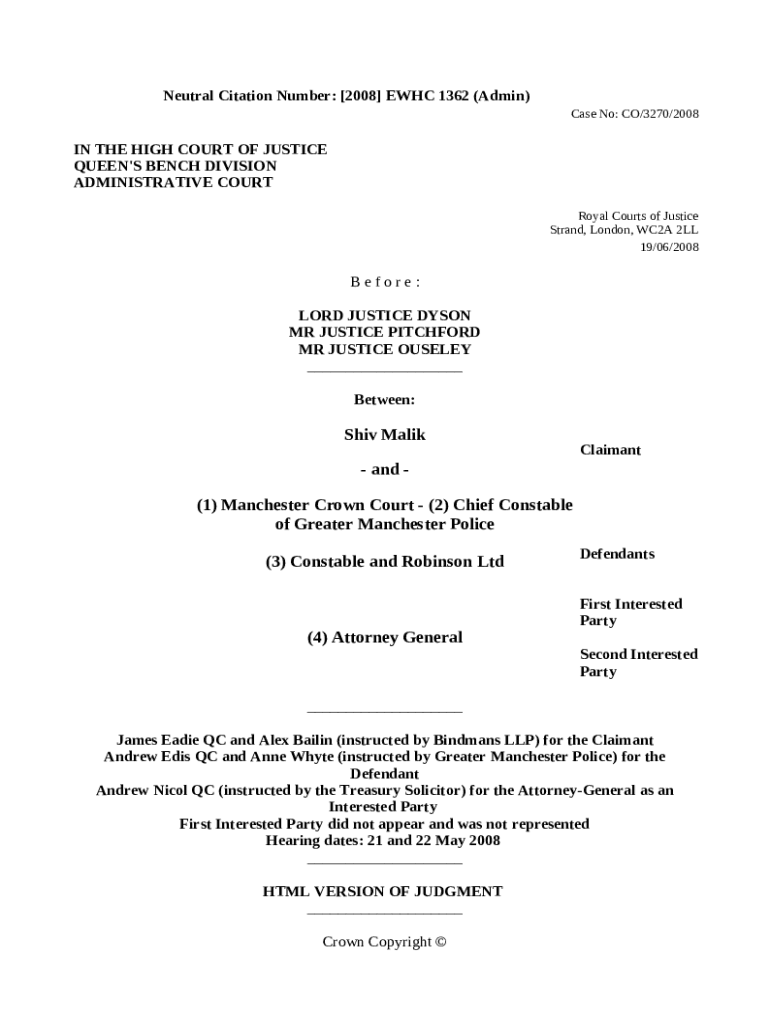 (1) Manchester Crown Court (2) Chief Constable of Doc Template pdfFiller