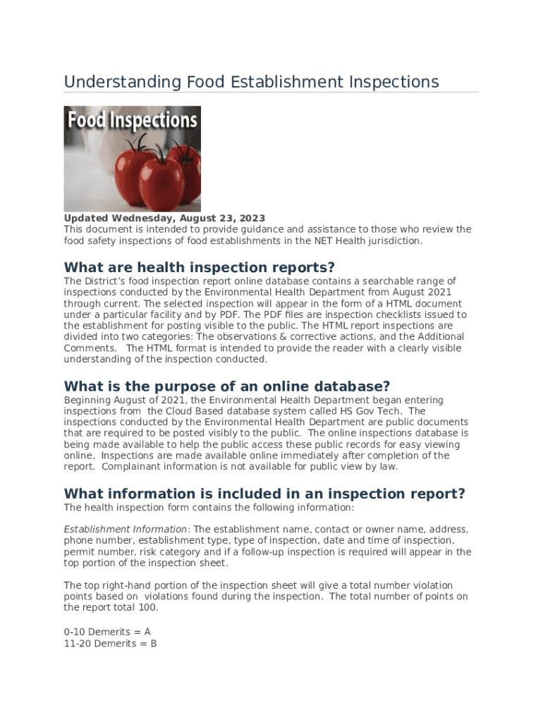 What types of food establishments are inspected? Doc Template pdfFiller