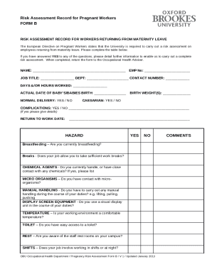 Pregnancy risk assessment form A
