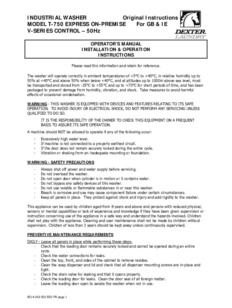Fillable Online INDUSTRIAL WASHER Original Instructions MODEL T-750 ... Fax Email Print - pdfFiller