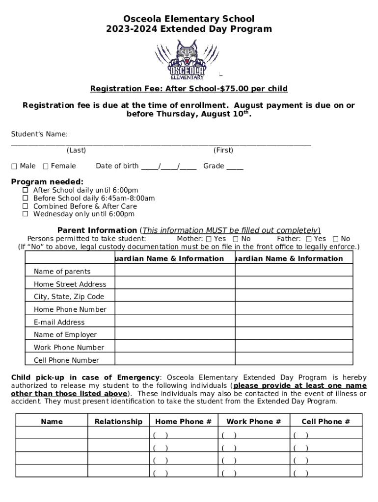 Registration Fee After School75 wwwoes stjohns k12 fl Doc