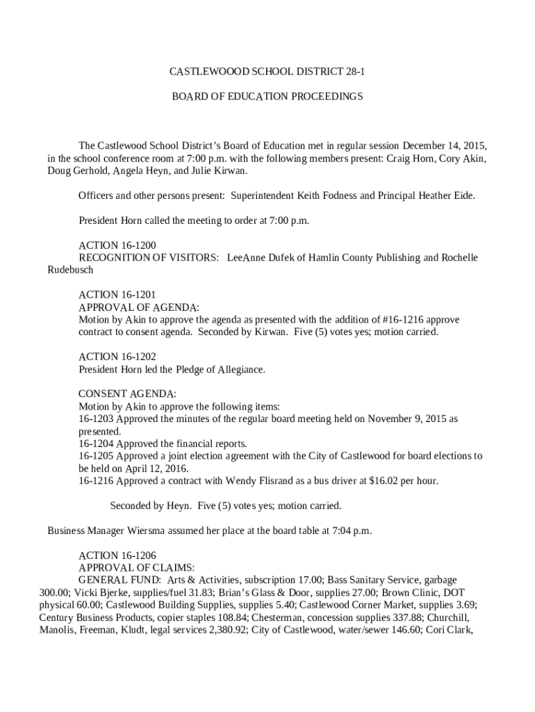 The Castlewood School District's Board of Education met in regular