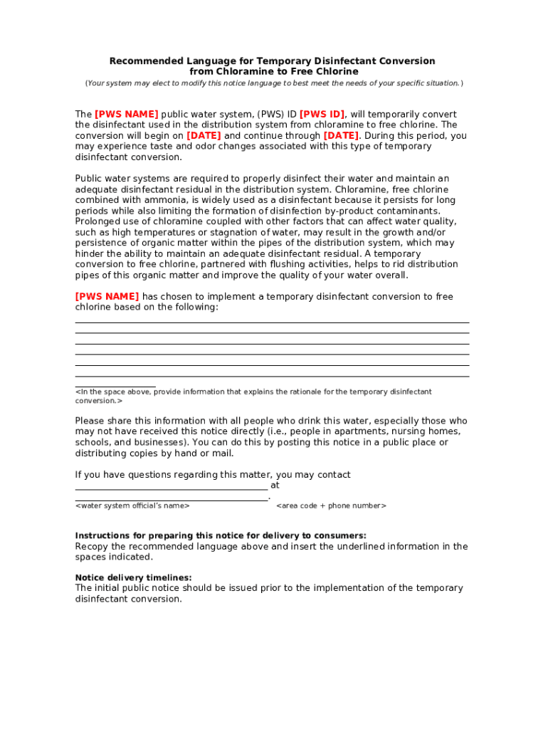 Public Notice Template and Language Chlorine Conversion.