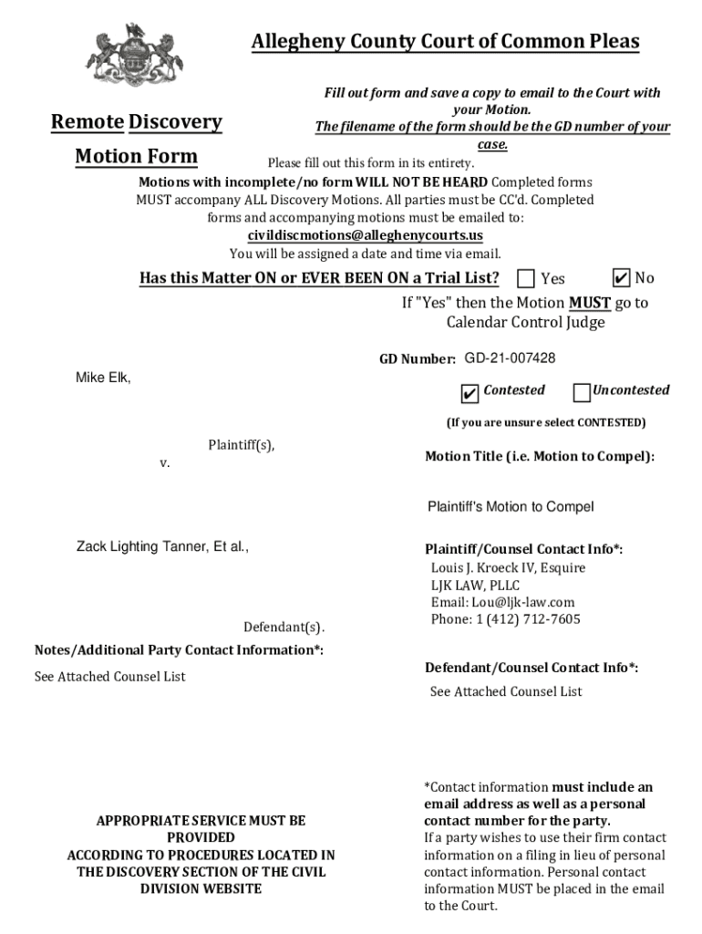 Fillable Online Remote Discovery Motion Form Allegheny County Court of