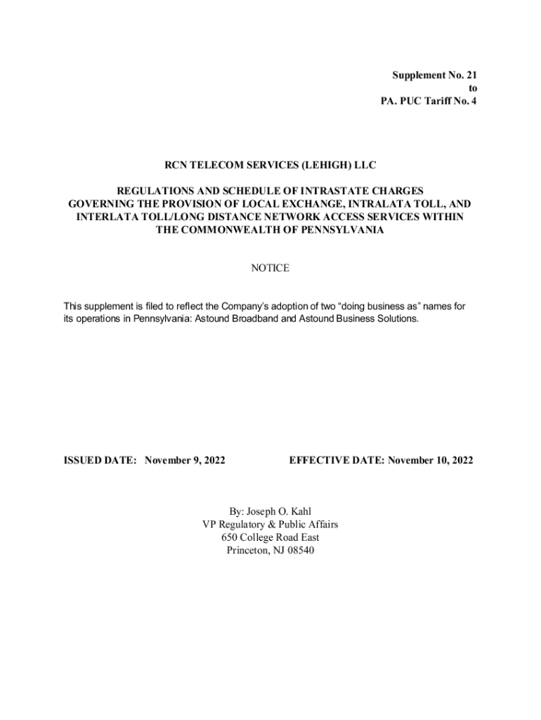 Fillable Online Supplement No. 21 to PA. PUC Tariff No. 4 RCN Fax