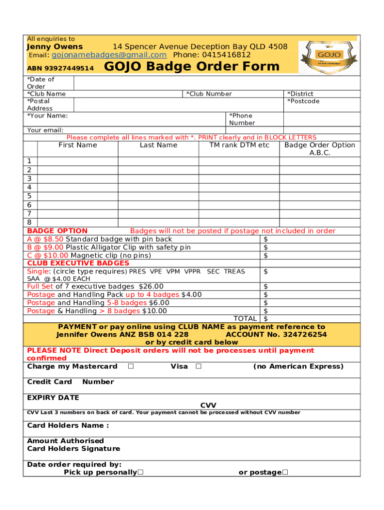 GOJO Badge Order - Toastmasters Supplies Australia Doc Template | pdfFiller