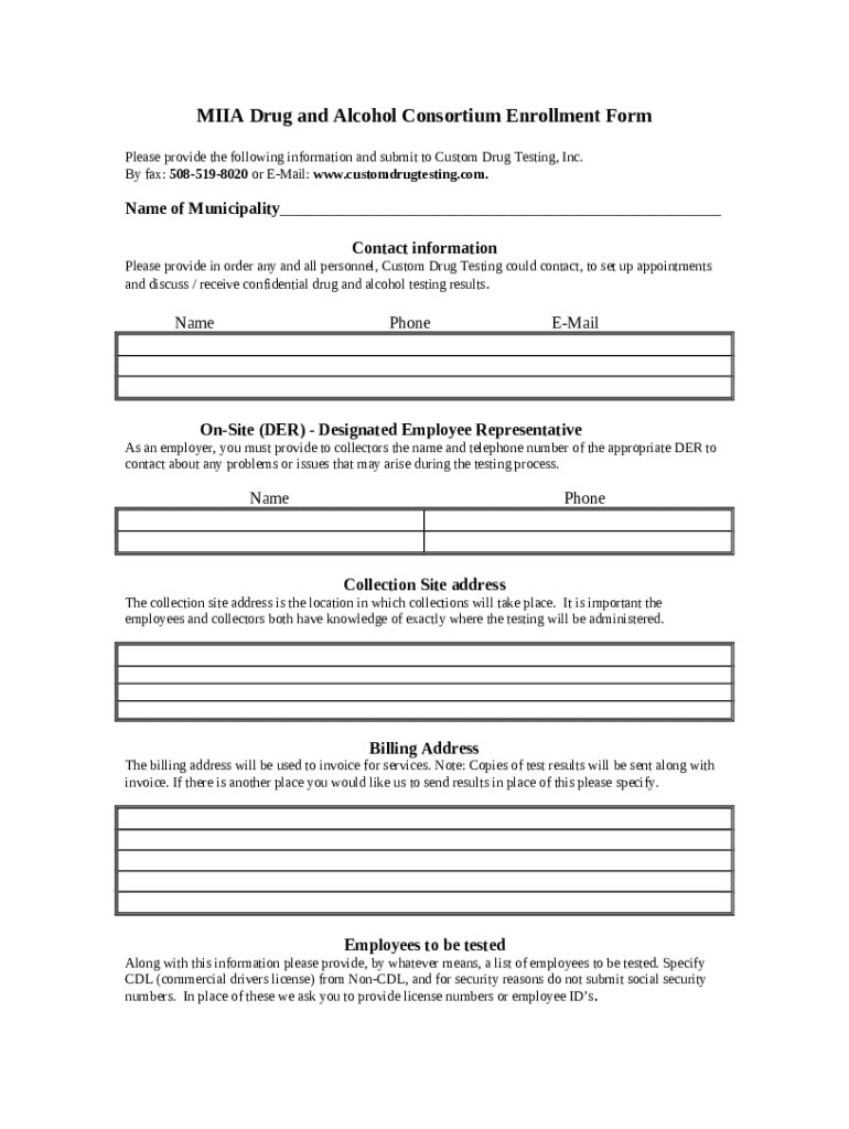 MIIA Drug and Alcohol Consortium Enrollment Doc Template pdfFiller