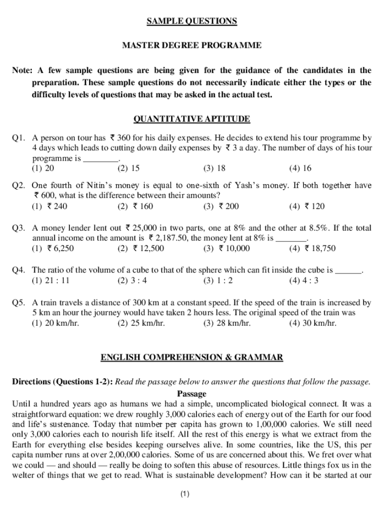 Fillable Online SAMPLE QUESTIONS MASTER DEGREE PROGRAMME Fax Email