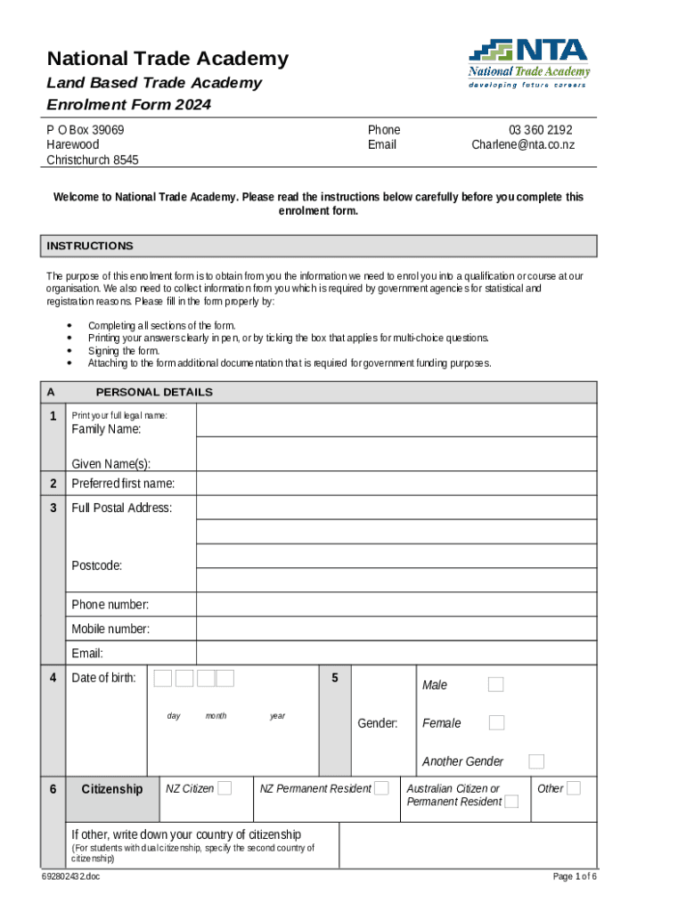 Land Based Trade Academy Enrolment 2024 Doc Template pdfFiller