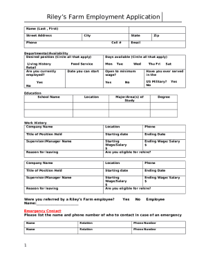 Riley's Farm Employment Application Doc Template | pdfFiller