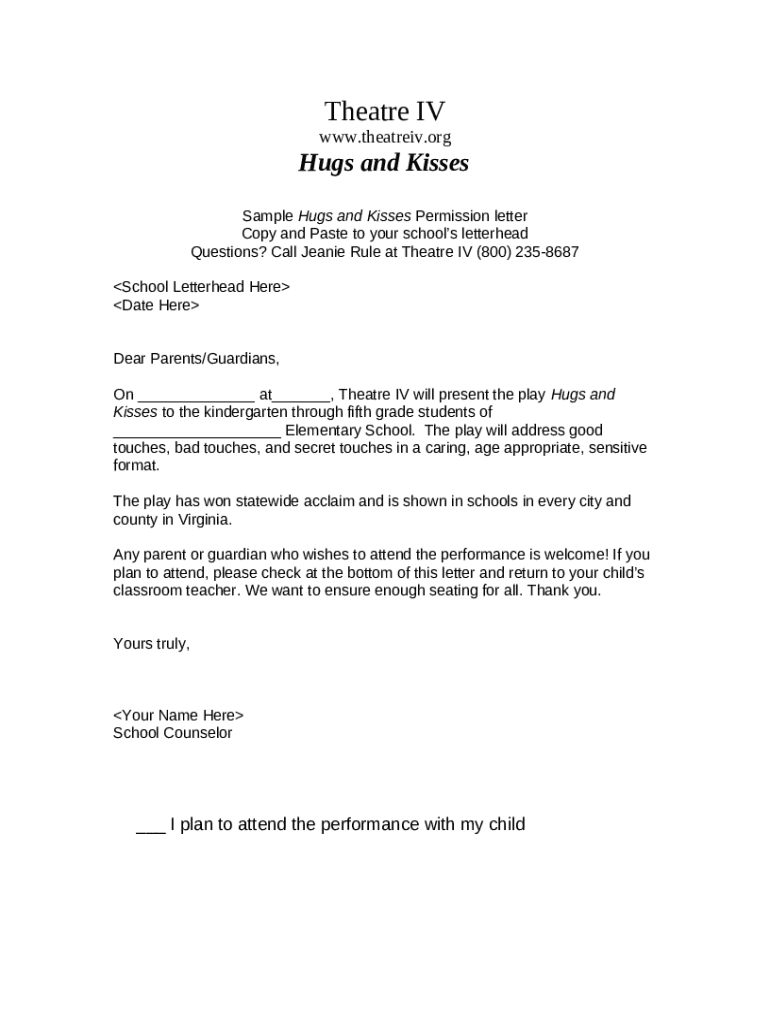 Sample Hugs and Kisses Permission letter to be put on Doc Template