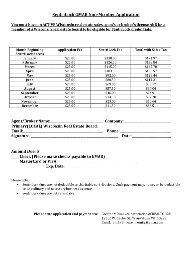 Fillable Online SentriLock GMAR NonMember ApplicationCARW Fax Email