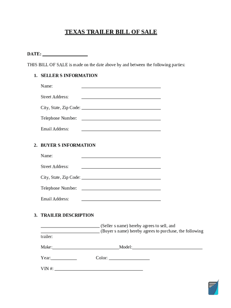 Free Texas Trailer Bill of Sale TemplatePDF & Word Doc Template pdfFiller