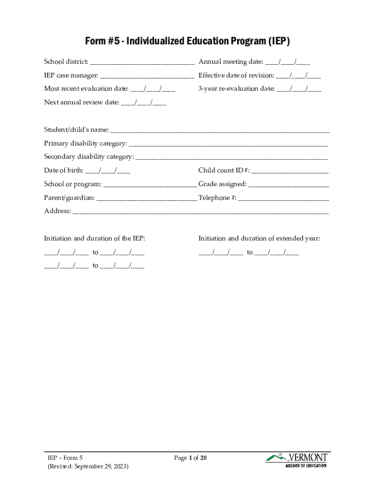 Form #5: Early Childhood Special Education (ECSE) Ages Preview on Page 1