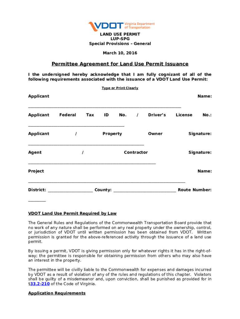 General VDOT Land Use Permit Required by Law The Doc Template pdfFiller
