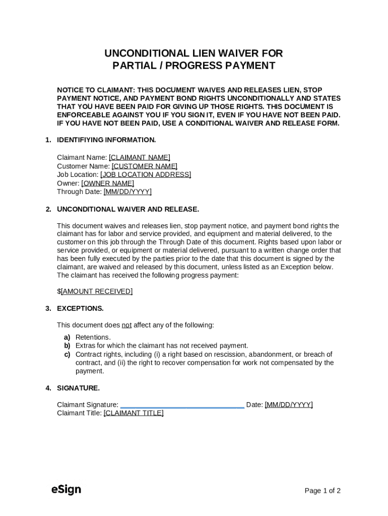 UNCONDITIONAL LIEN WAIVER FOR Doc Template | pdfFiller