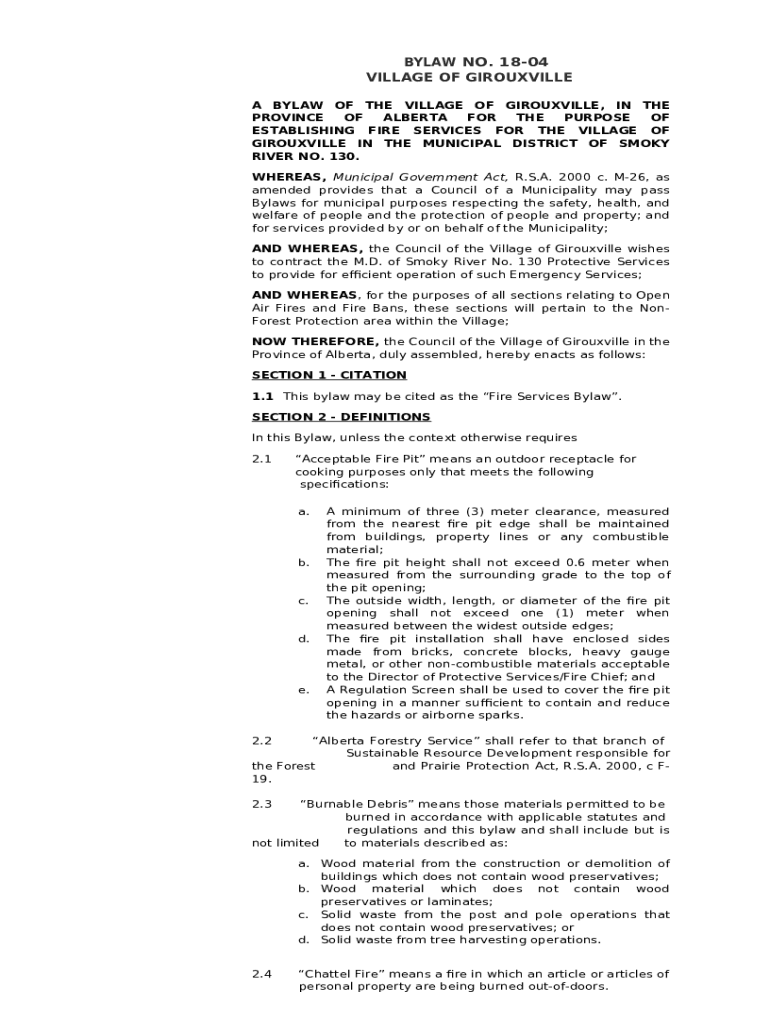 Bylaw No.1804 Village of Girouxville Fire Services in the Doc