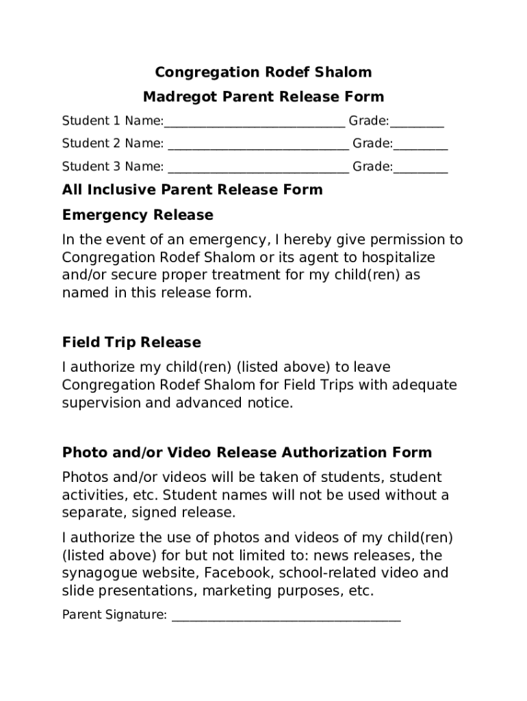 Congregation Rodef Shalom Madregot Parent Release Doc Template | pdfFiller