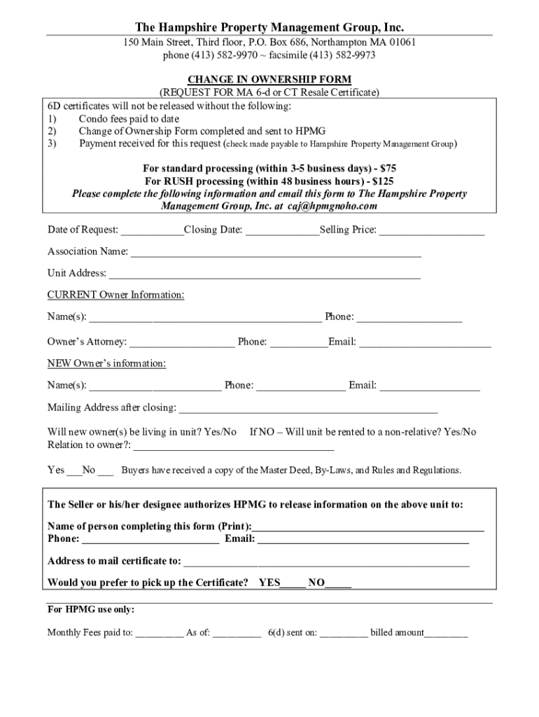 Fillable Online The Hampshire Property Management Group Email Format