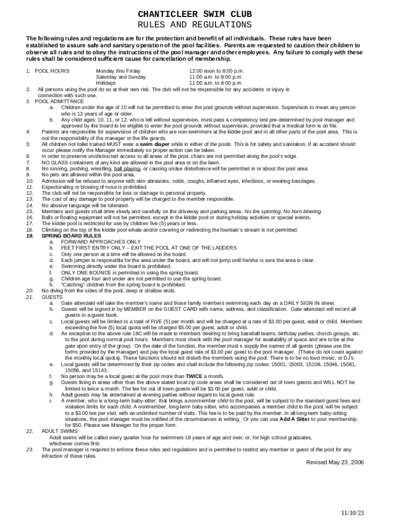 Chanticleer Swim Club Rules and Regulations Doc Template pdfFiller