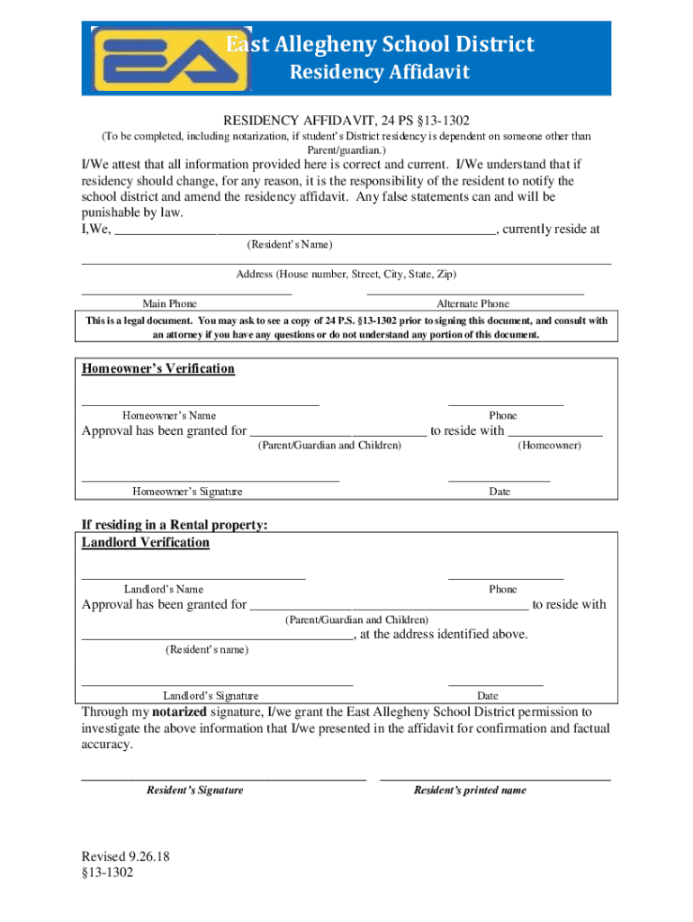 Fillable Online Affidavit for School Enrollment (24 P.S. 13-1302 ...