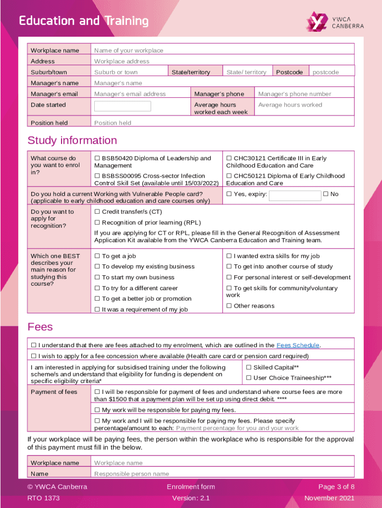 RTO ENROLMENT - EDITABLE - ywca-canberra org Doc Template | pdfFiller