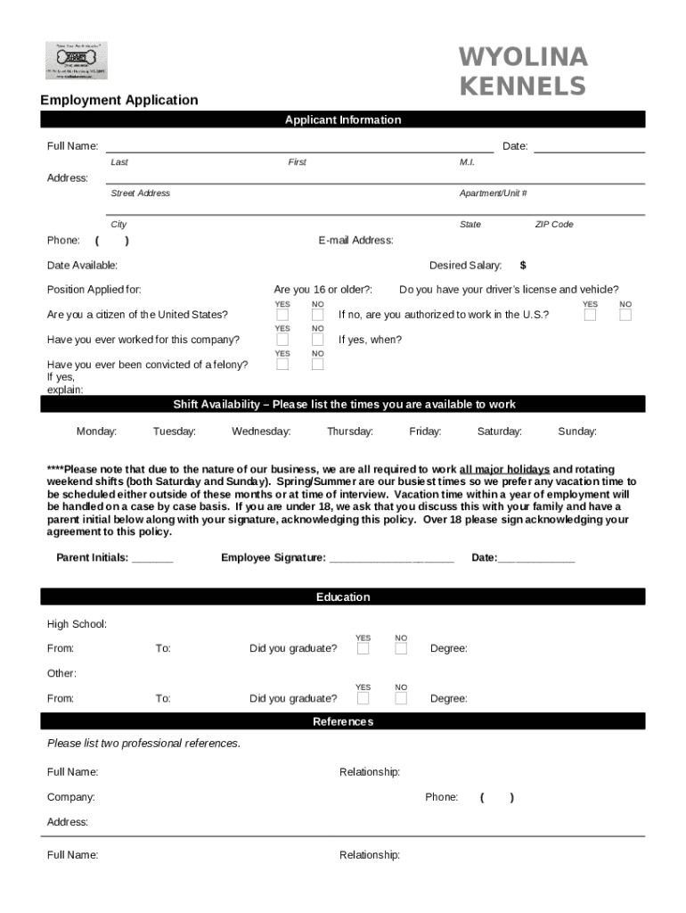 Job Application wyolina kennels Doc Template pdfFiller