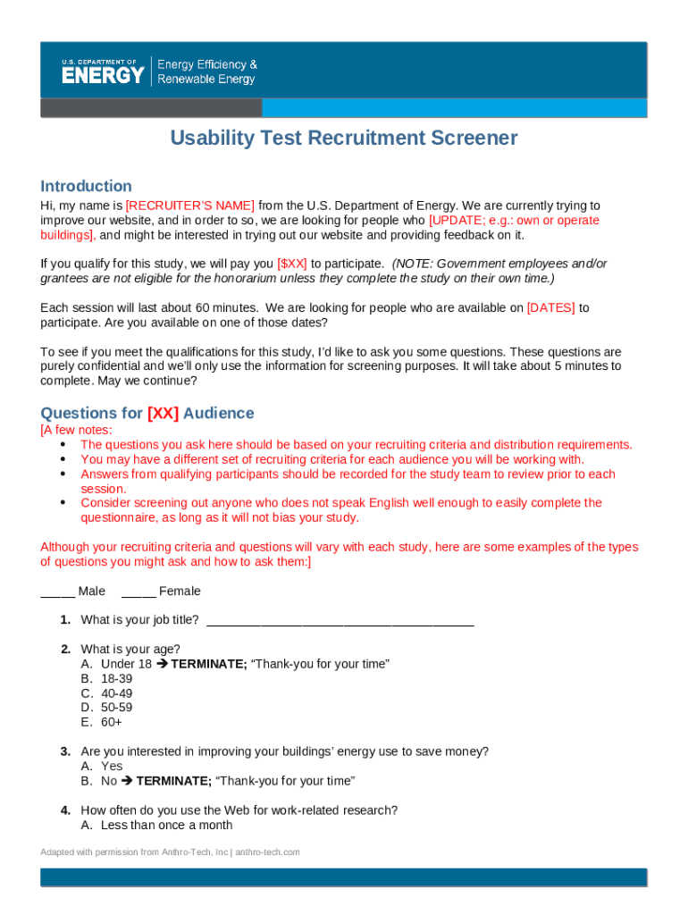 Usability Test Recruitment Screener. Example script for screeing ...