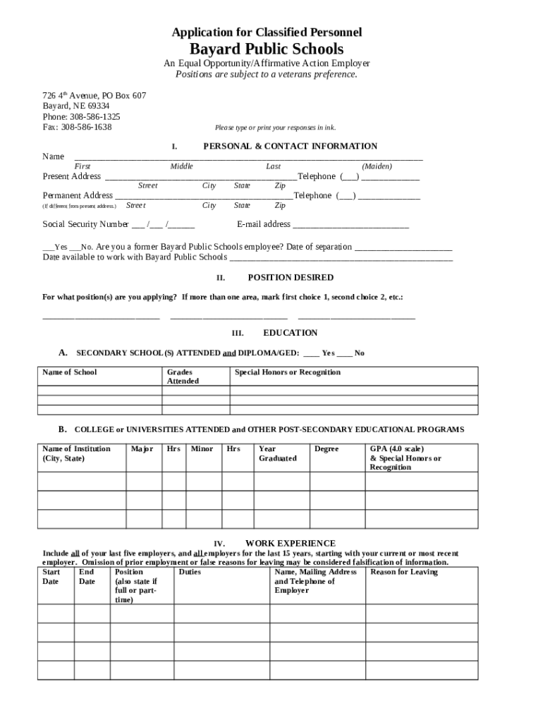 Employment Opportunities at Bayard Public Schools Doc Template pdfFiller