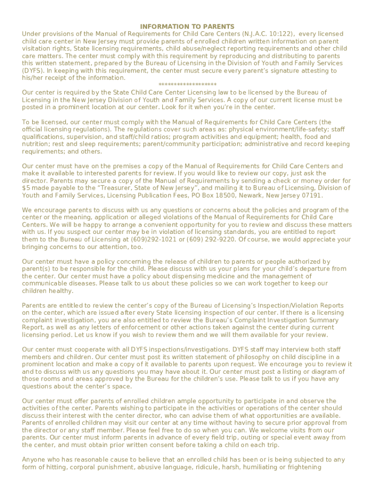 New Jersey State (DYFS) Parent/Caregiver Ination ... Doc Template ...