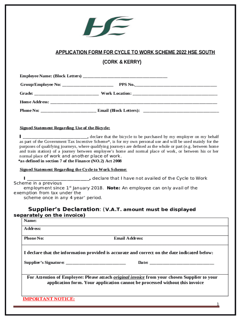 application for cycle to work scheme 2022 hse south Doc Template
