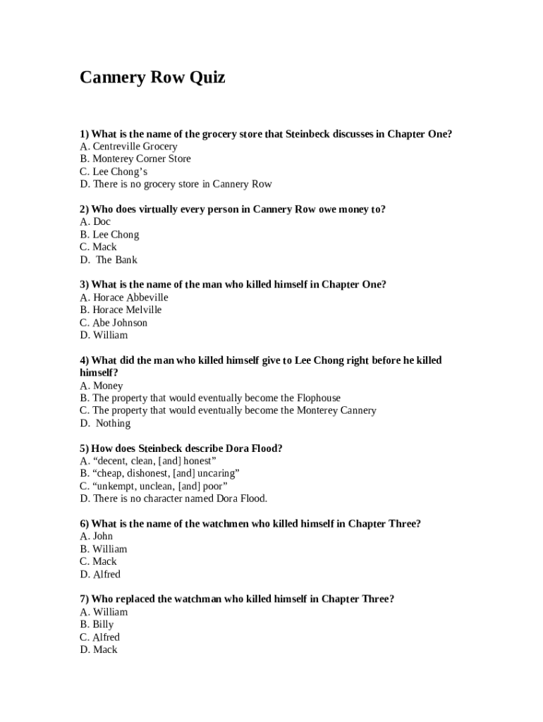 Full Book Quiz Quick Quiz Cannery Row Doc Template pdfFiller