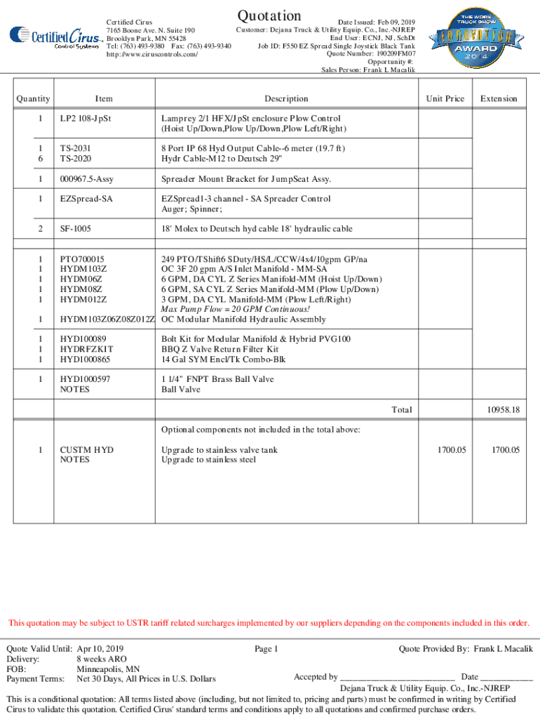 Fillable Online Certified Cirus Quotation 190209FM07. F550 EZ Spread
