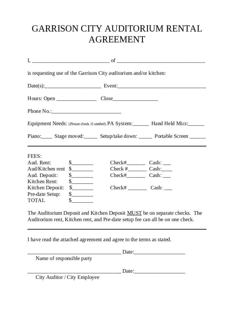 GARRISON CITY AUDITORIUM RENTAL AGREEMENT Doc Template pdfFiller