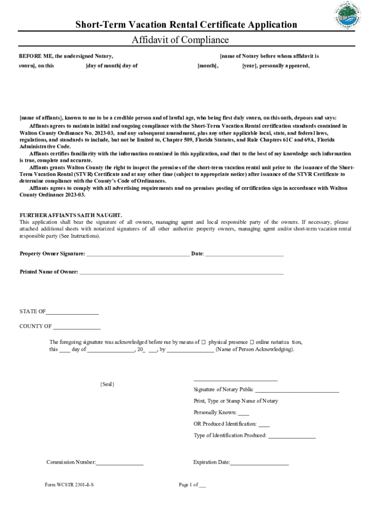 Fillable Online ShortTerm Vacation Rental Certificate Application