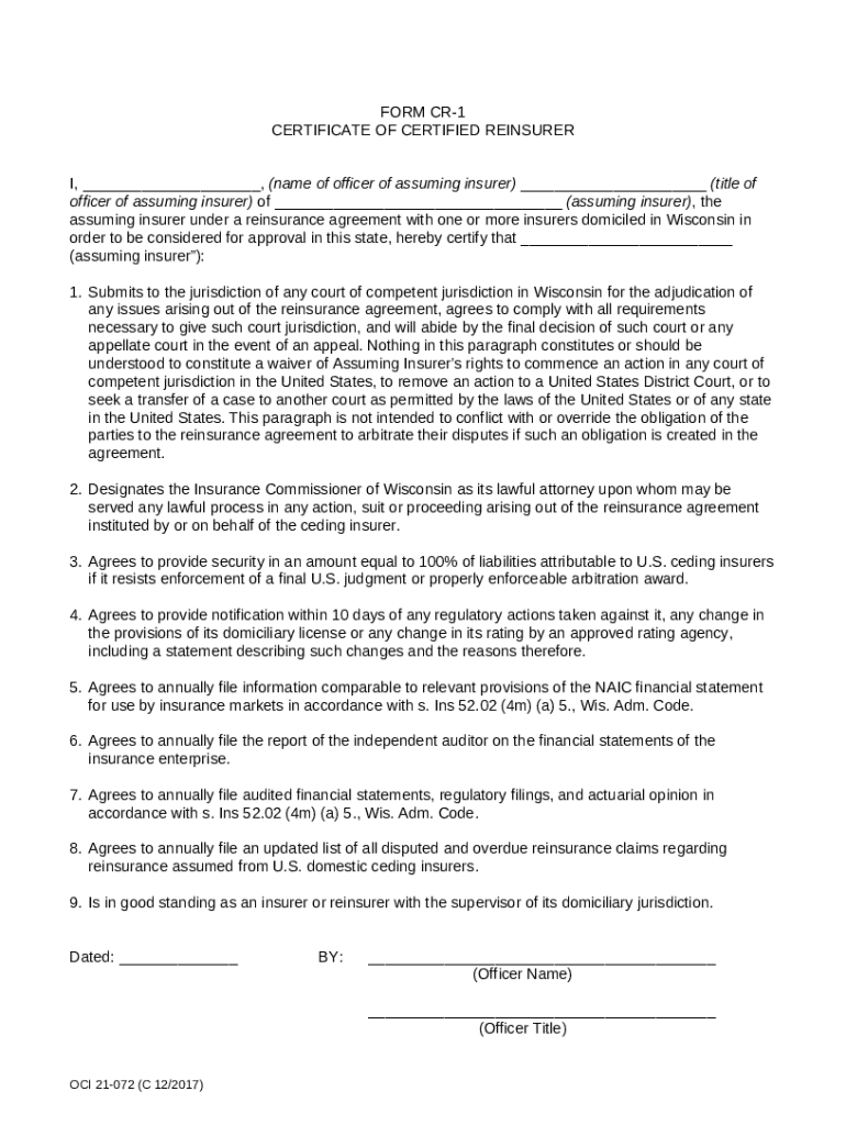 CR1 CERTIFICATE OF CERTIFIED REINSURER I oci wi Doc Template pdfFiller